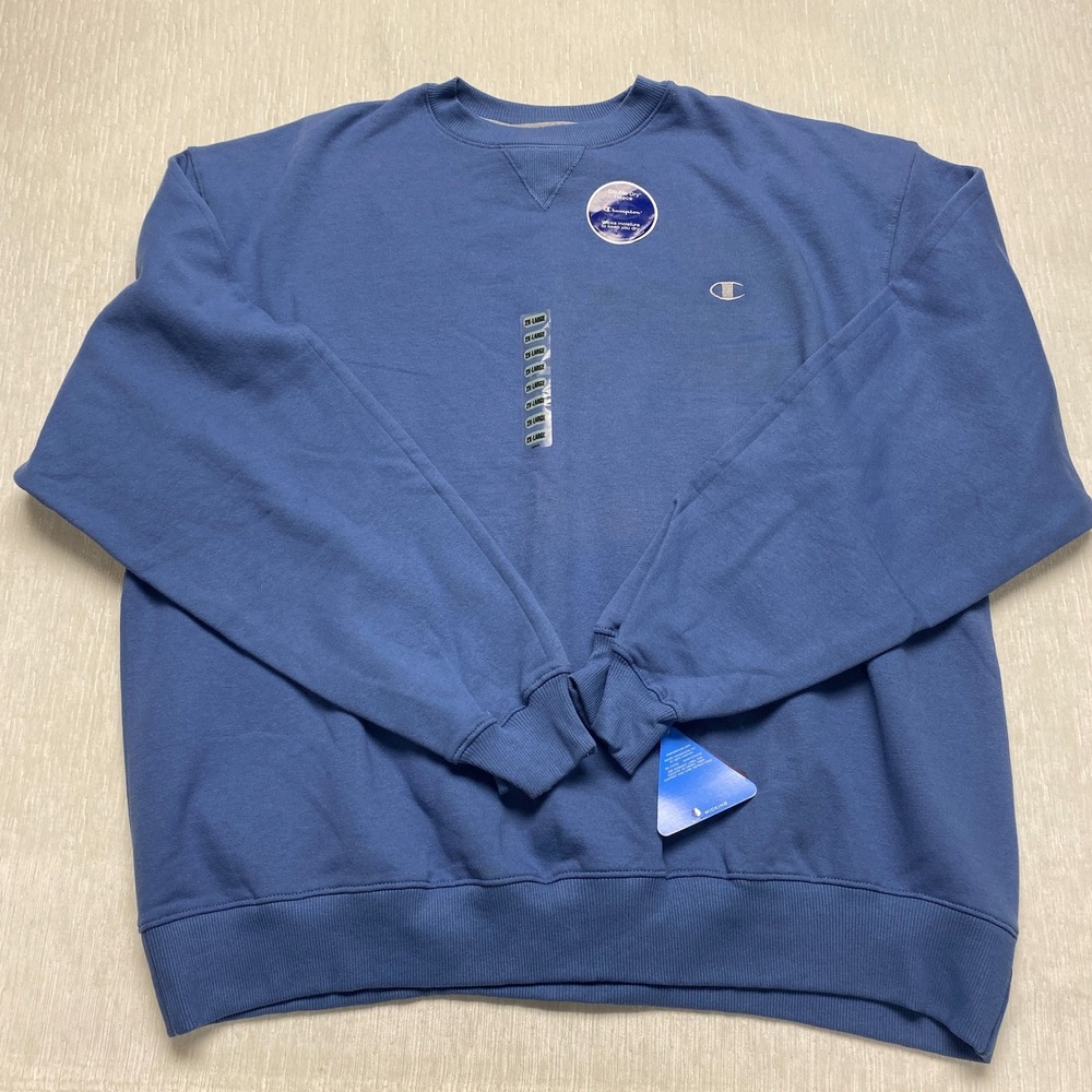 Champion Crew Neck NEW Double Dry Fleece Mens 2XL Blue Embroidered Logo Wicking